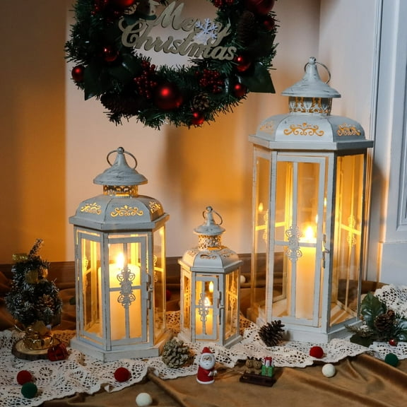 Set of 3 Decorative Candle Lanterns 20''&14"&10" H Outdoor Candle Lanterns Vintage Metal Cand leholder