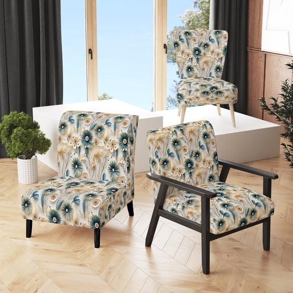 Designart "Seashell Coastal Serenity I" Blue Floral Upholstered Accent Chair - Cottage Arm Chair For Living Room