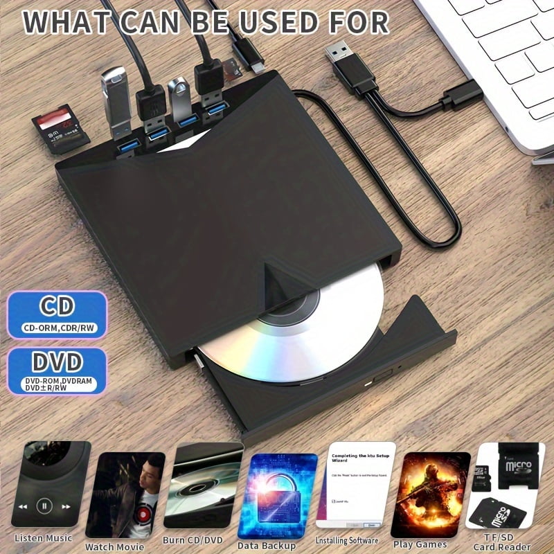 7-In-1 Multifunctional External Player/Reader/Writer USB C Portable CD/DVD+/-RW Drive/Dvd Player, USB 3.0 USB C Hub DVD CD Burner, Compatible with Laptops, Desktops, And All-In-One Computers