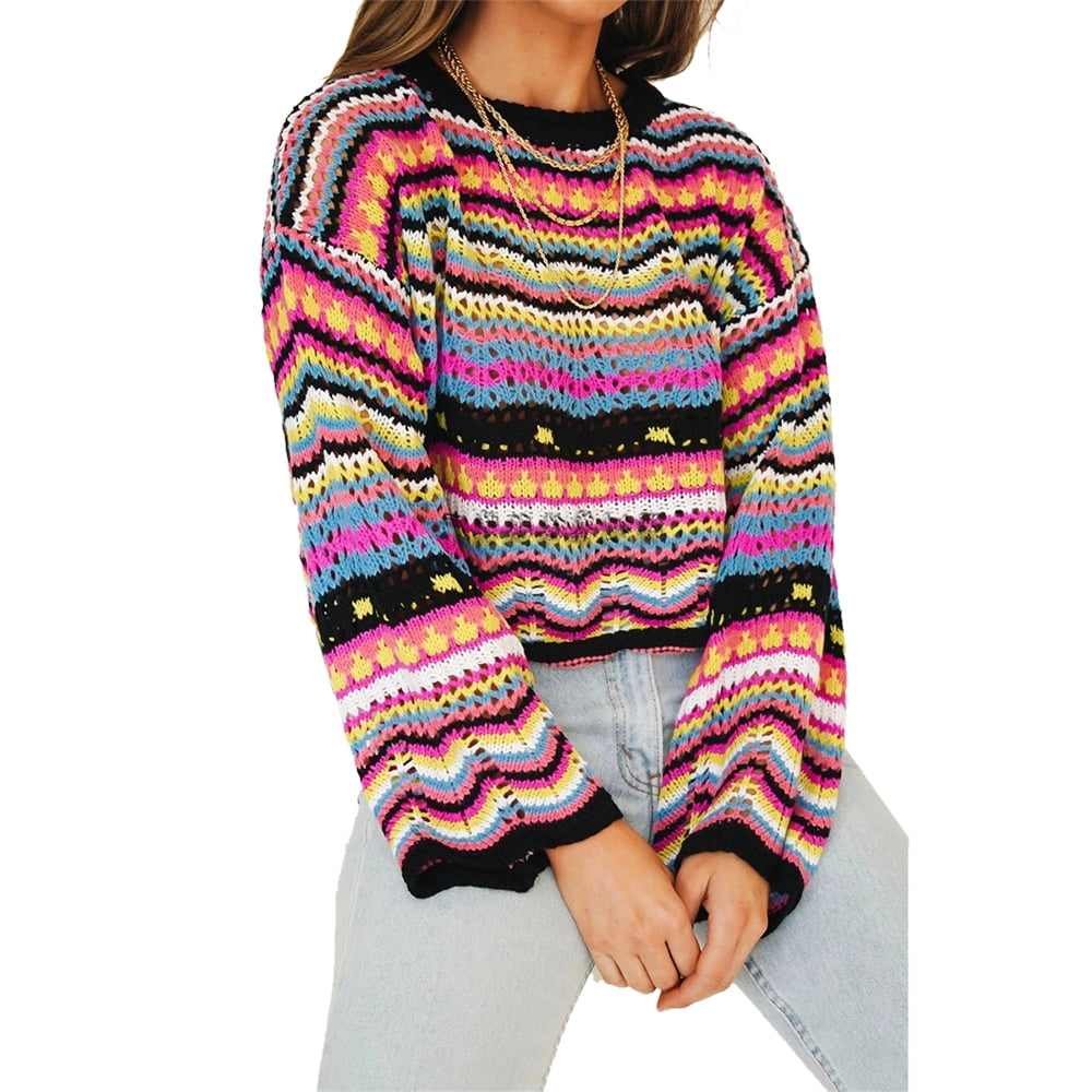 Colourful Womens Relaxed-Fit Splicing Lounge Batwing Sleeve Striped Sweater Winter Tops 