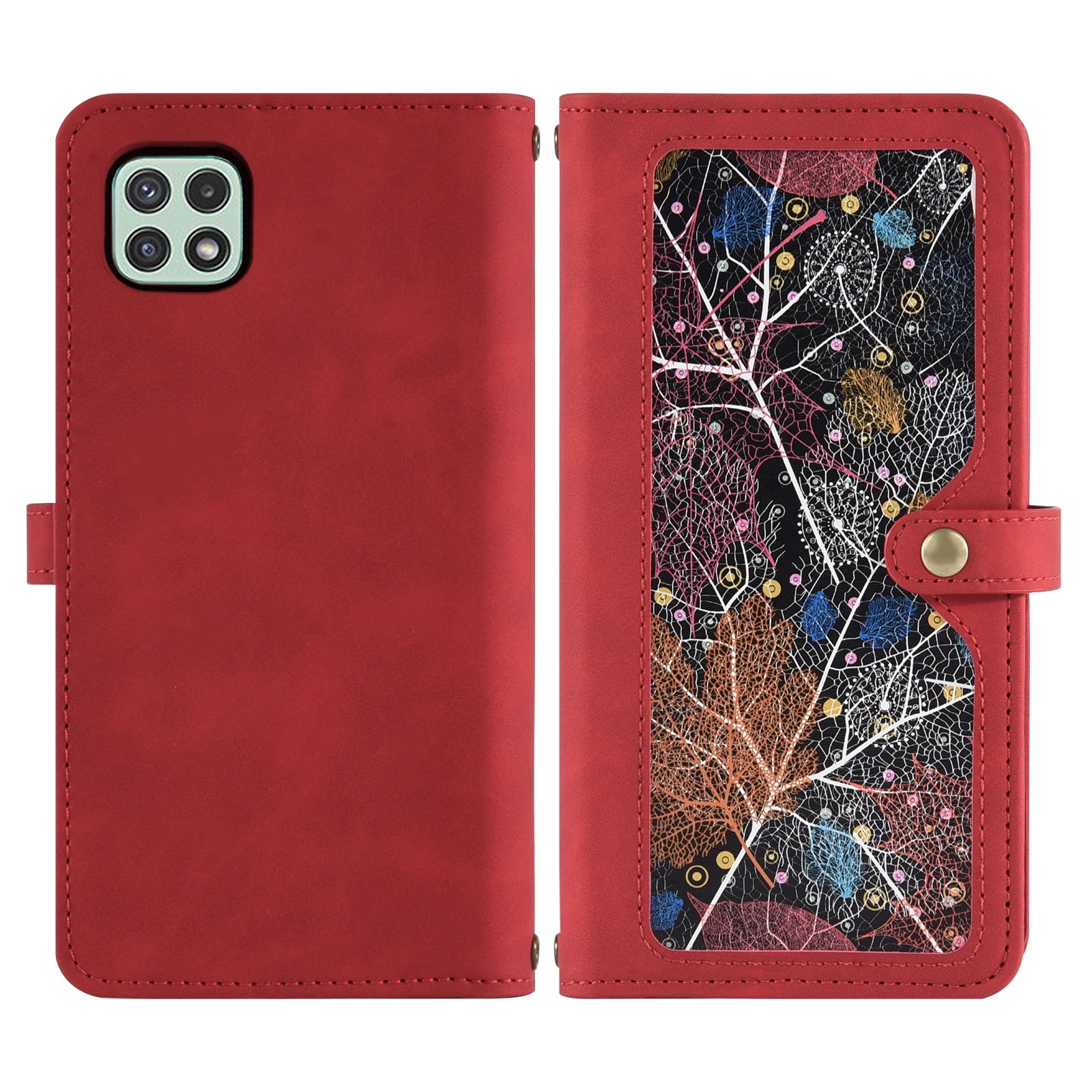 Asuwish Phone Case for Samsung Galaxy A22 5G Wallet Cover With Tempered Glass Screen Protector Crossbody Wrist Strap Flip Pattern Zipper Credit Card Holder Stand Cell A 22 22A A22s G5 Women Men Red