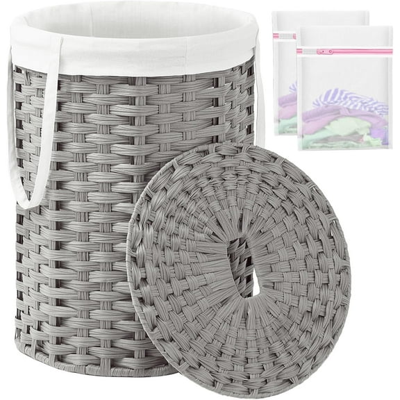 Laundry Basket with Lid Round Rattan Laundry Hamper with Lid and Handles 29.1 Gal (110 L) Handwoven Woven Basket with Removable Bags and 2 Mesh Bags for Bathroom Living Room Gray