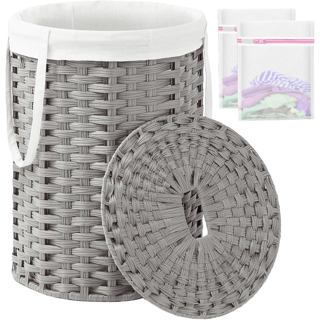 Large Laundry Hamper Laundry Basket Round Gal L) Handwoven Wicker Laundry Baskets Rattan Laundry Basket with Laundry Bag Handles Mesh Bags for Living Room Bedroom