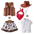 thumbnail image 2 of Cowboy Girls 5 Piece Outfit Short Sleeve Shirt Sleeveless Cardigan Vest with Denim Skirt Hat Western Kids Clothes Set Brick Red Size 3-4 Y, 2 of 6