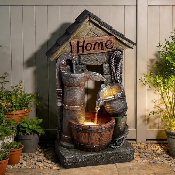 28.7" in. Wall-Mounted Outdoor Water Fountain, 3-Tier Vintage Rustic Water Pump Cascading Wishing Well Fountain Outside for Garden, Patio, Yard, Porch & Home Décor/Two Placement Options