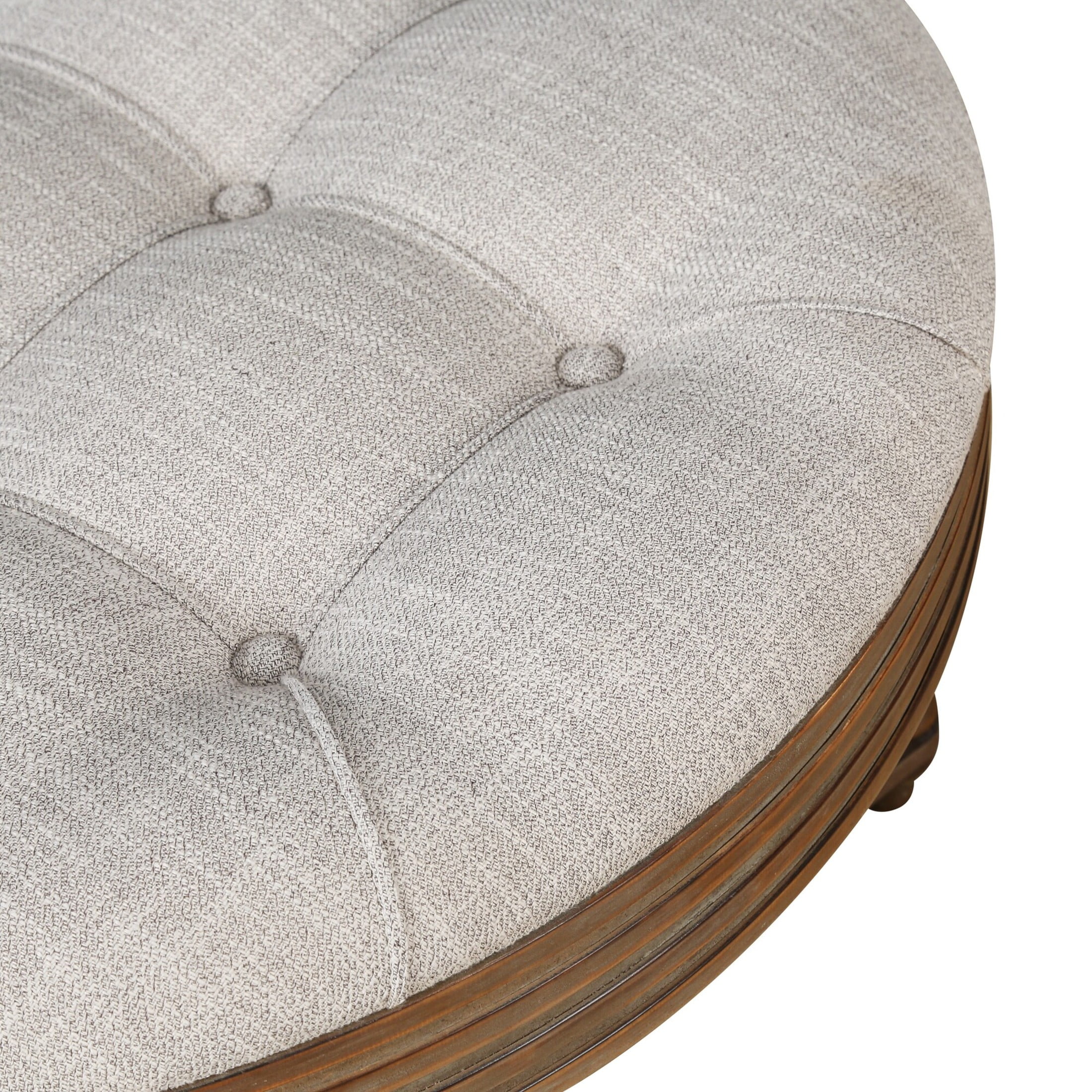 Noble House Large Round Tufted Ottoman Coffee Table with Wooden Storage Shelf, Waterproof Farmhouse Upholstered Footstool,Light Gray