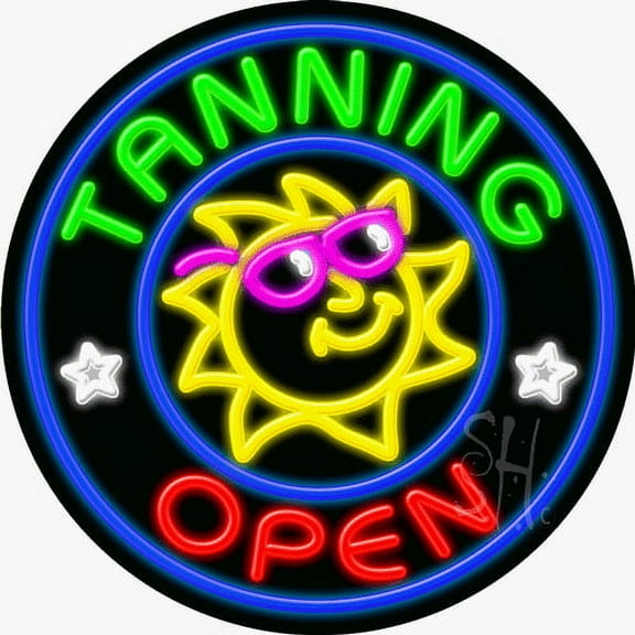 Tanning Open LED Neon Sign 26 x 26 - inches, Black Square Cut Acrylic Backing, with Dimmer - Bright and Premium built indoor LED Neon Sign for Defence Force.