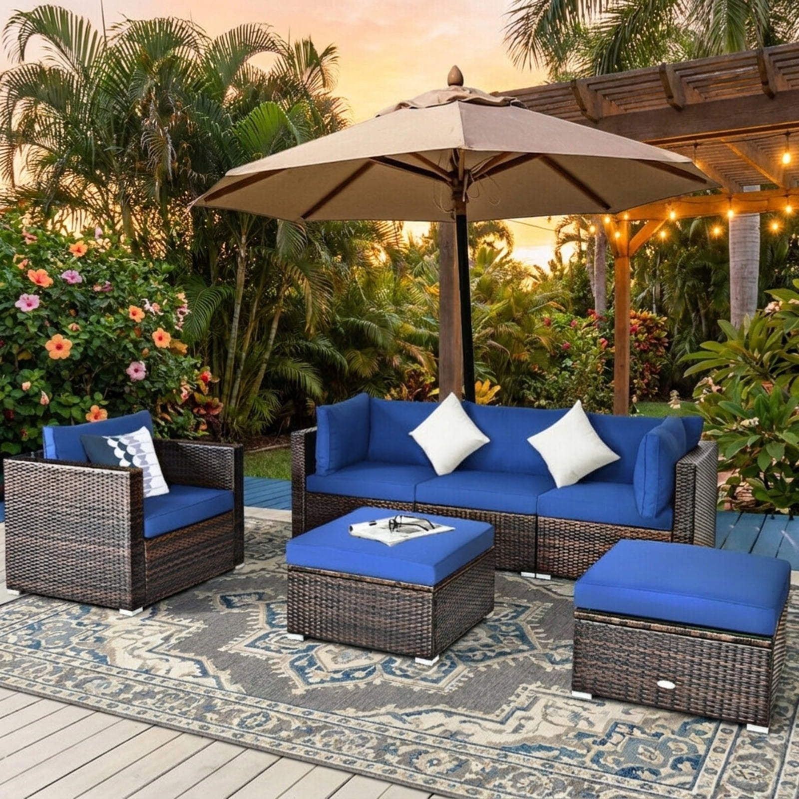 Furnibear 6 Piece Patio Rattan Furniture Set Outdoor Sectional Sofa Conversation Set with Cushions and Glass Table for Backyard Garden, Navy