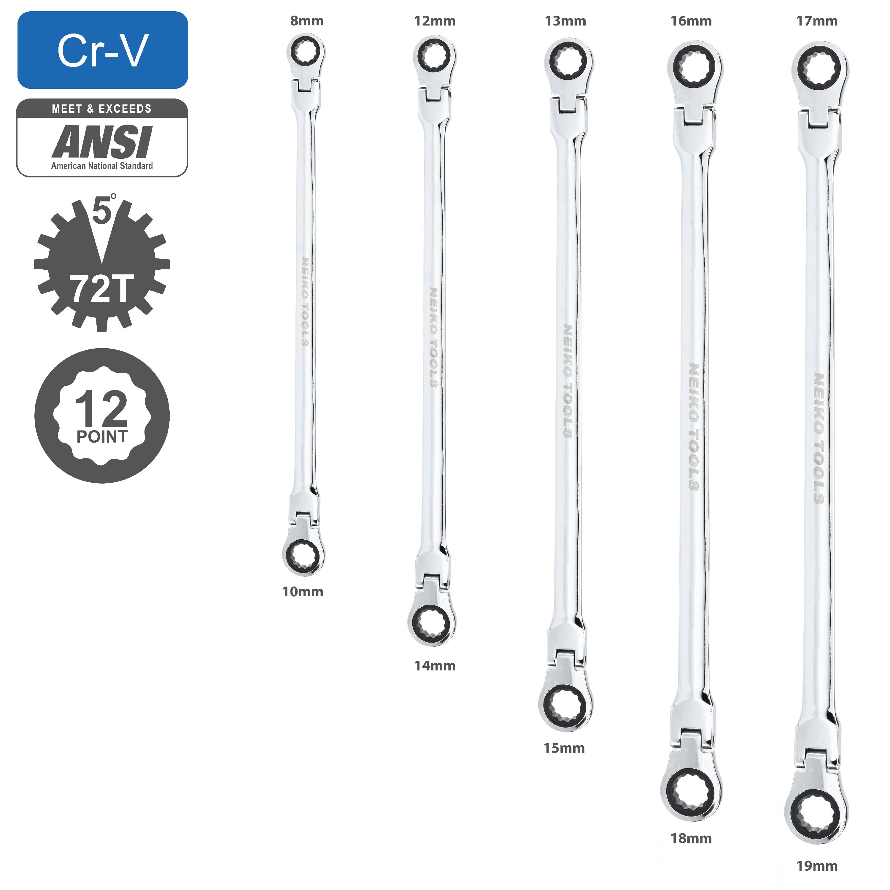 6PC Flex-Head Double Box End Ratcheting Wrenches Extra Long Metric Universal NEW