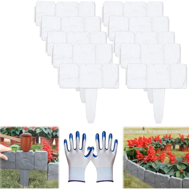 10-Pack Imitation Stone Garden Fence Plastic Retaining Edging Border Grey Cobbled Effect Landscape Decor Interlocking Decorative Panels Flower Bed Path Lawn Outdoor Picket Yard Grass Edge (White)