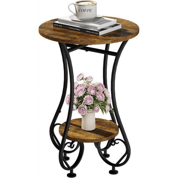 Side Table,Small Round End Table with Lower Shelf for Small Spaces,Round Bedside Nightstand Table with Metal Frame,Couch Sofa Coffee Tea Table,Retro Accent Drink Table for Living Room Bedroom Balcony