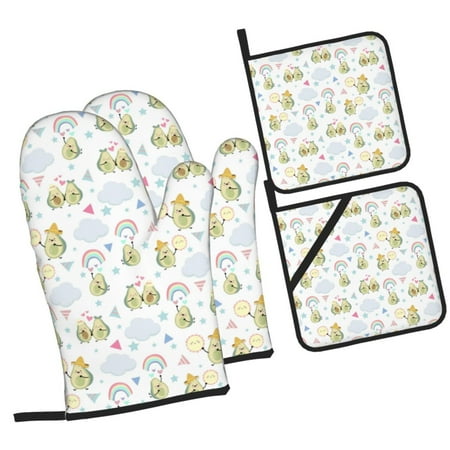 

Daiia Green Blue Avocado Pattern Oven Mitts and Pot Holders 4 pcs Set High Heat Resistant 500 Degree Extra Thicken Long Kitchen Cotton Oven Glove