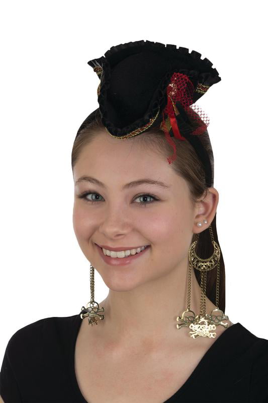 Pirate /Buccaneer Hat Ladies Blk Velour Mini Tricorn Costume Hat W/ Skull Accent 