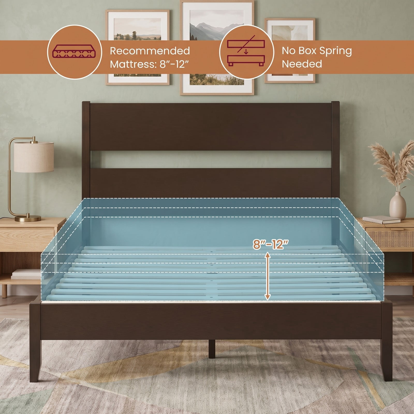 Furnibear Queen Bed Frame Wood Bed Frame with Open Slat Headboard, Queen Platform Bed Frame with Solid Wood Legs and 12 Slat Support, Dark Walnut