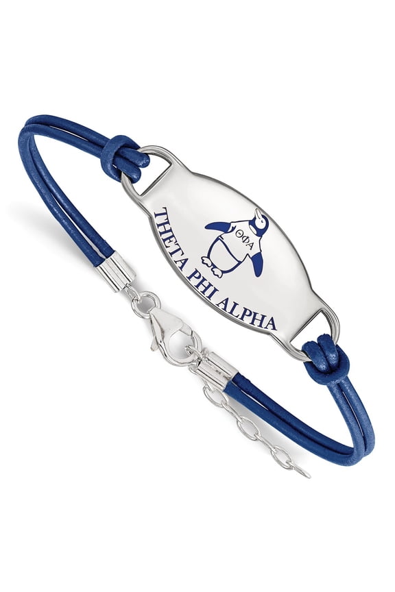 Sterling S. Rh-plated LogoArt Theta Phi Alpha Enameled Leather Chain Bracelet; for Adults and Teens; for Women and Men