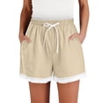 thumbnail image 3 of FAVIPT Women's Cotton Linen Shorts Drawstring Elastic Waist Lace Trim Pockets Shorts Casual Loose Summer Beach Lounge Shorts Khaki,XXL, 3 of 9