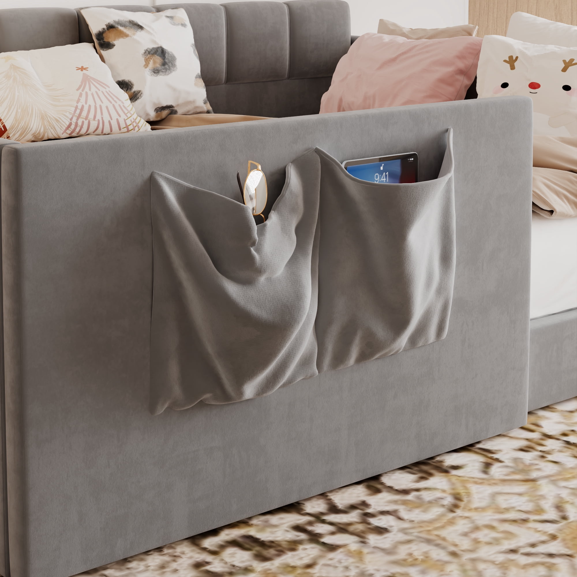 Full Size Velvet Daybed with Storage Pockets and Walk-In Entrance, Upholstered Sofa Bed with High Side Panels for Guest Room and Small Spaces, Gray