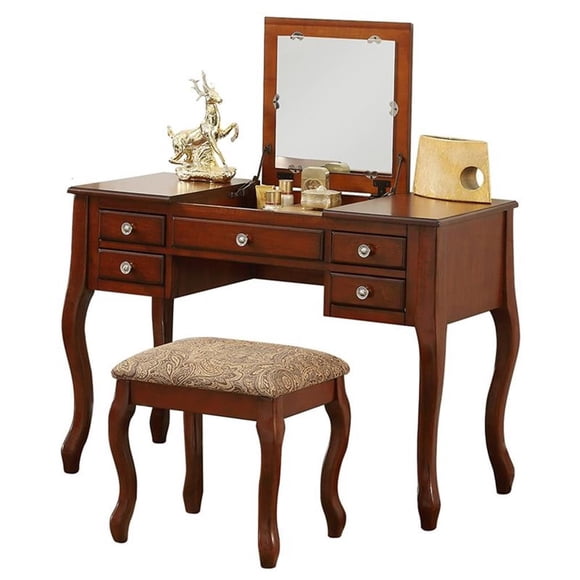 Poundex Ensemble de Coiffeuse en Bois avec Tabouret et Miroir, Cerisier