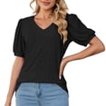 thumbnail image 2 of Tittly T Shirts for Women Spring Tops for Women Women's Puff Short Sleeve Solid Tunic Top V Neck Hollow Out Loose Tshirts Tshirts Shirts Basic Tees Black L, 2 of 9