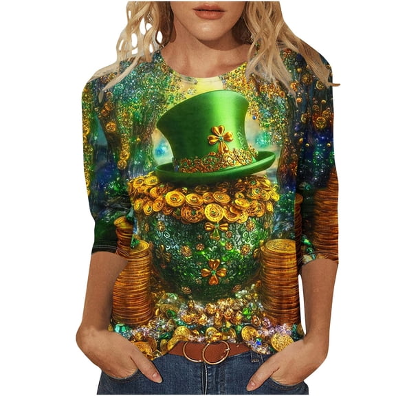 Craaazy St Patricks Day Tops for Women Round Neck 3/4 Sleeve Loose Shamrock Comfy Clothes Gifts