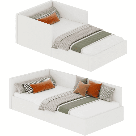 Twin daybed  with Removable Headboard,Corner Bed Frame with Bed Rails,Velvet Upholstered Sofa Bed,Wooden Slats Support,Upholstered Daybed for Bedroom