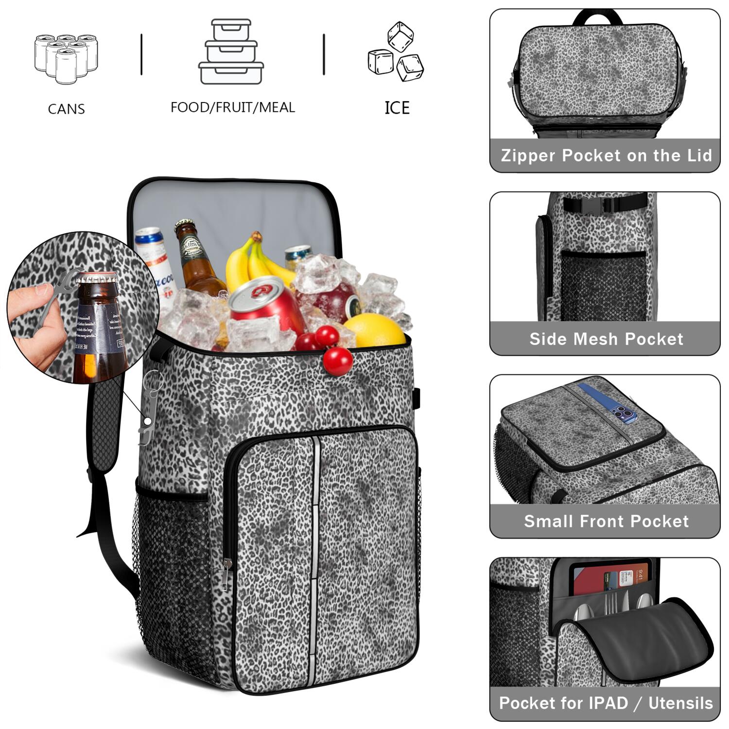 Travel Cooler Bag - Black and Tan Leopard Print Camping Beer Cooler Backpack with Bottle Opener- Waterproof Insulated Picnic Backpacks - Cooler Bag for Beach