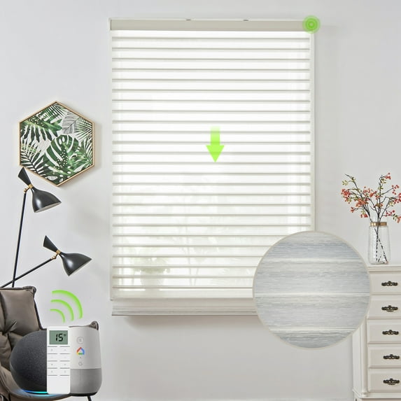 Yoolax Motorized Sheer Blinds Remote Control Light Filtering Blinds Smart Horizonal Shangri-La Windows Shades(85% Shading Texture Beige,58"W x 72"H)