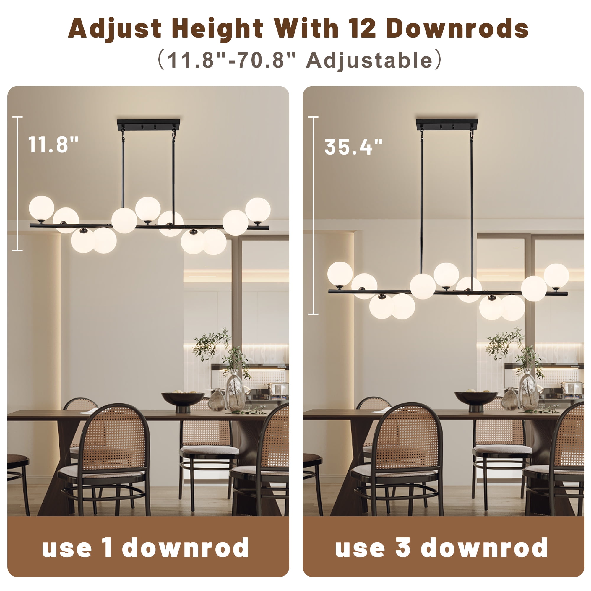 Uznhty Chandeliers for Dining Room Light Fixture with White Glass Globe,11-Lights Linear Chandelier 51 Inch Sputnik Chandelier for Kitchen Island Black Adjustable Hanging