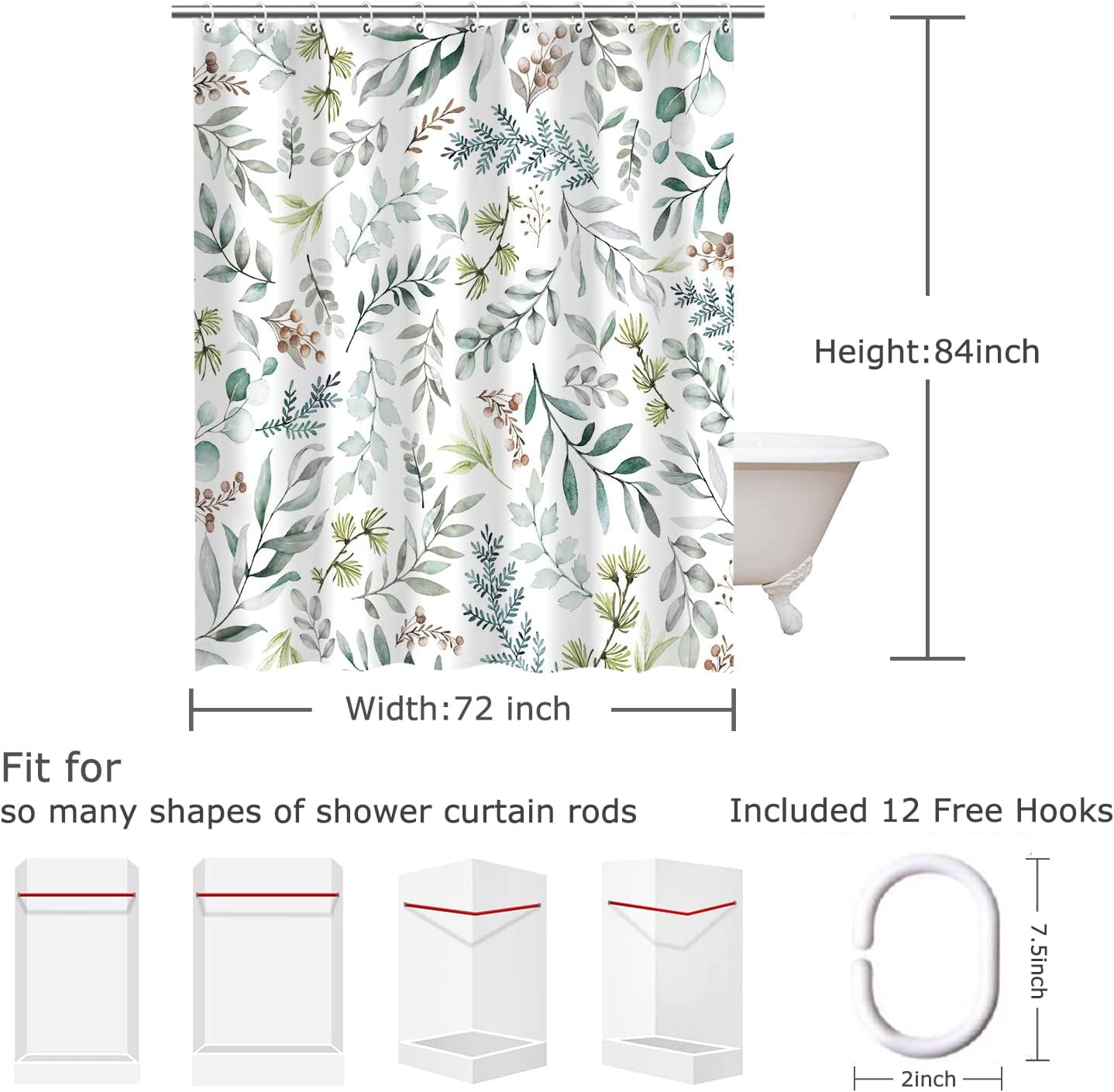 Green Eucalyptus Shower Curtain, Leaves Shower Curtain, Botanical Nature Plant Shower Curtain, Spring Sage Green Leaves Shower Curtain Set with 12 Hooks, 72Wx84H
