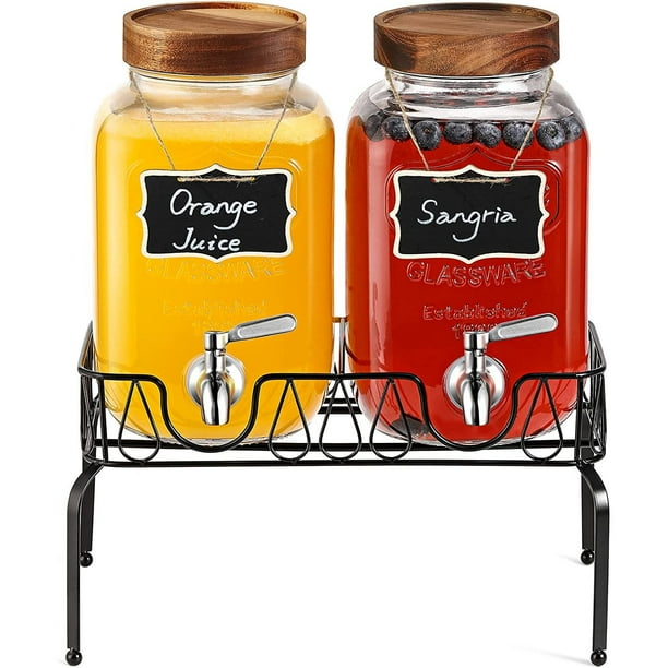 1Gallon Glass Drink Dispenser with Stand, 18/8 Stainless Steel Spigot, Designed Wooden Lid [2