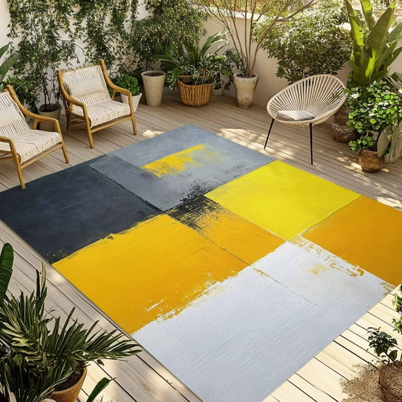 Fsddascl Yellow Grey Oil Painted Outdoor Rug for Patio/Deck/Porch, Non-Slip Large Area Rug 5 x 8 Ft, Art Color Block Abstract Style Indoor Outdoor Rugs Washable Area Rugs, Camping Rug Carpet