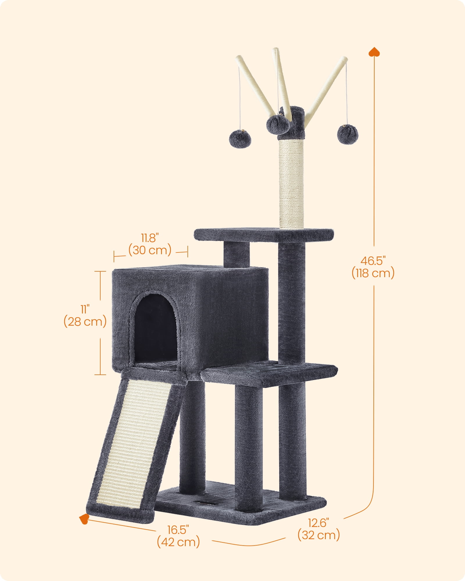 Feandrea Small Cat Tree, Multi-Level Plush Cat Condo for Indoor Cats and Kittens, 46.5 Inches, Smoky Gray