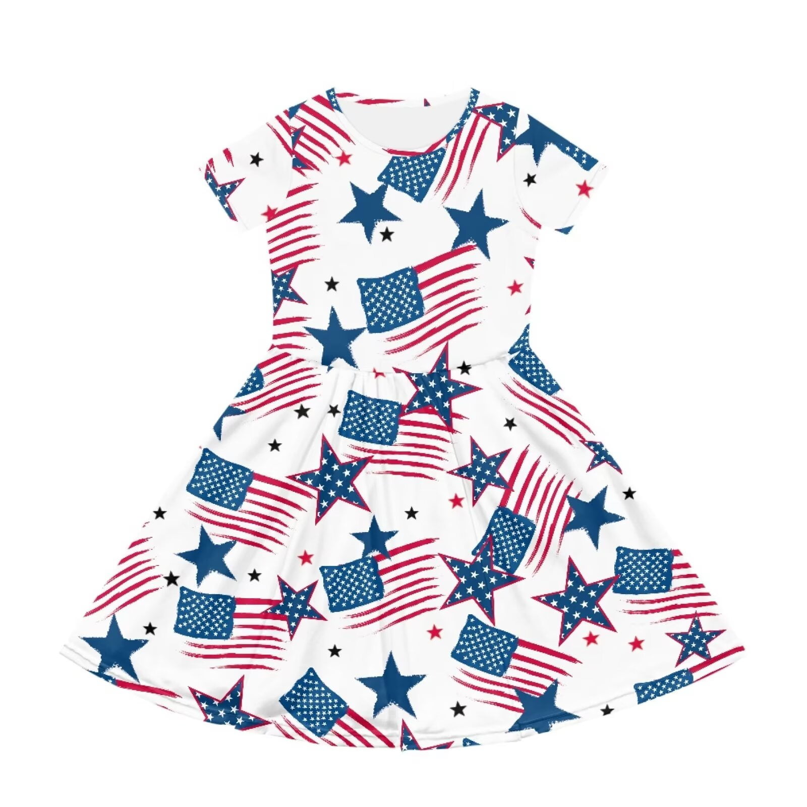 Uourmeti American Flag Patriot Kids Short Sleeve Dresses Summer Soft Crew Neck Swing Dress Independence Day Casual Knee Length A-Line Dresses with Pockets for Toddlers Teens Girls