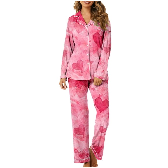 Womens Pajama Sets Trendy Valentines Day Print V Neck Long Sleeve Long Pant Sleepwear Fall Fashion Outfits,Pink,L