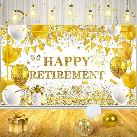 Gold and White Retirement Party Decorations for Men Women Extra Large White Gold Happy Retirement Banner Photo Booth Background for Retirement Farewell Party Supplies