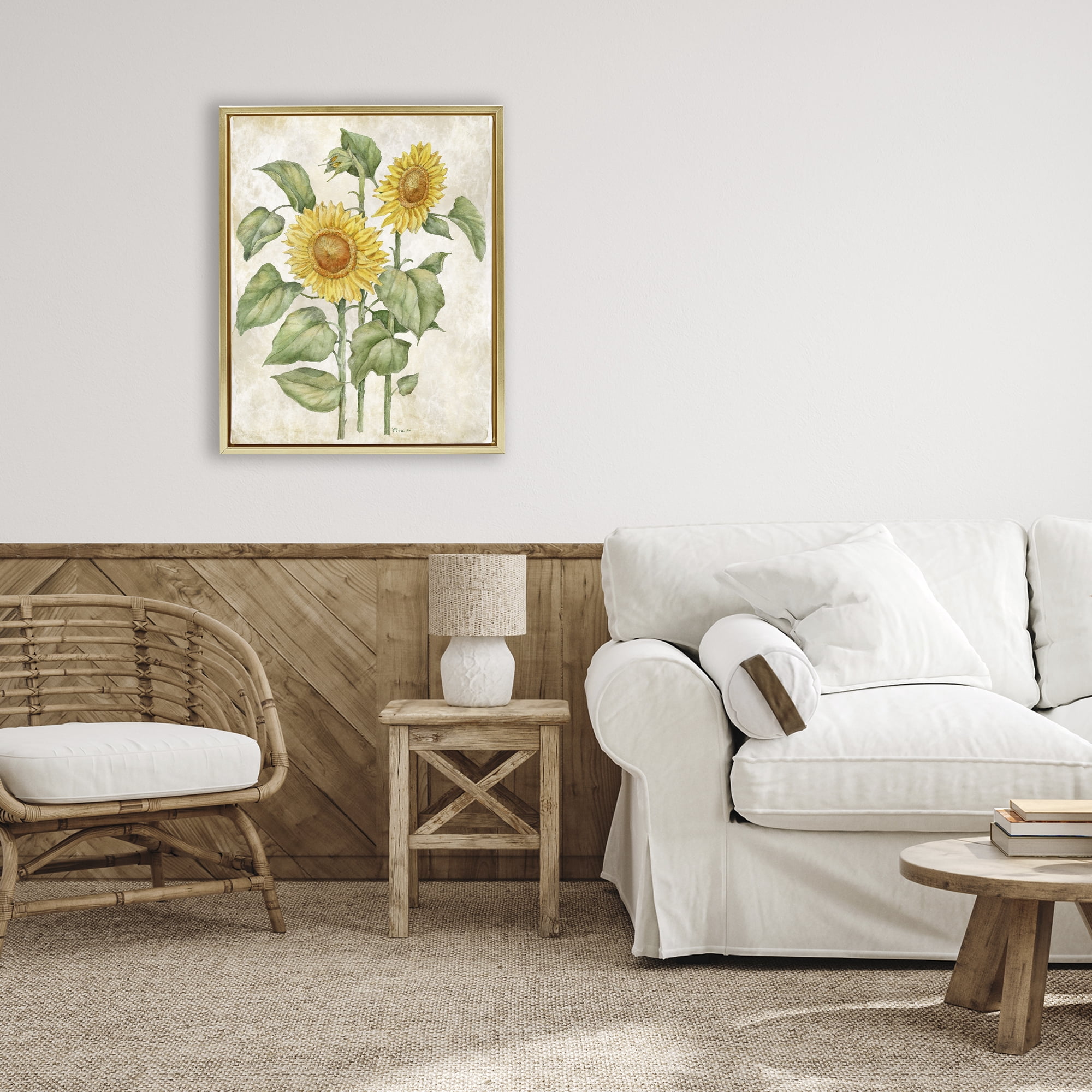 Stupell Industries Floral Journal Vintage Sunflower Gold Framed Floater Canvas Wall Art, design by Paul Brent
