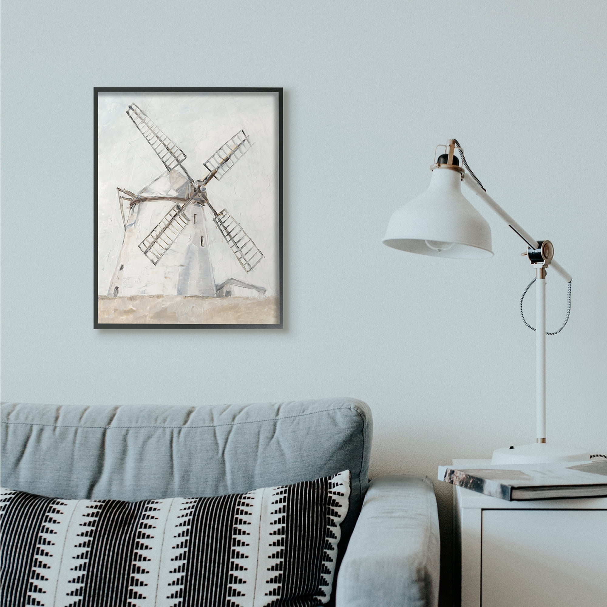 Stupell Industries Windmill Farm Landscape Neutral Brown Blue Painting Black Framed Art Print Wall Art, 24x30, by Ethan Harper