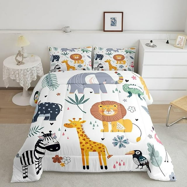 YST Kids Zoo Animal Comforter Set Cute Wild Animals Bedding Set Cartoon Safari Wild Print Comforter for Boys Girls Children Teens Bedroom Decor Exotic Natural Theme Duvet Set Toddler Size