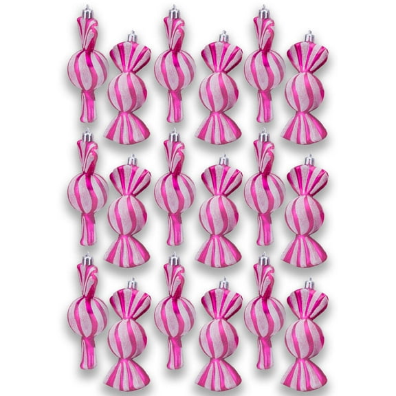 18 Pack of Hot Pink and White Candy Ornaments with Glitter Enhancements