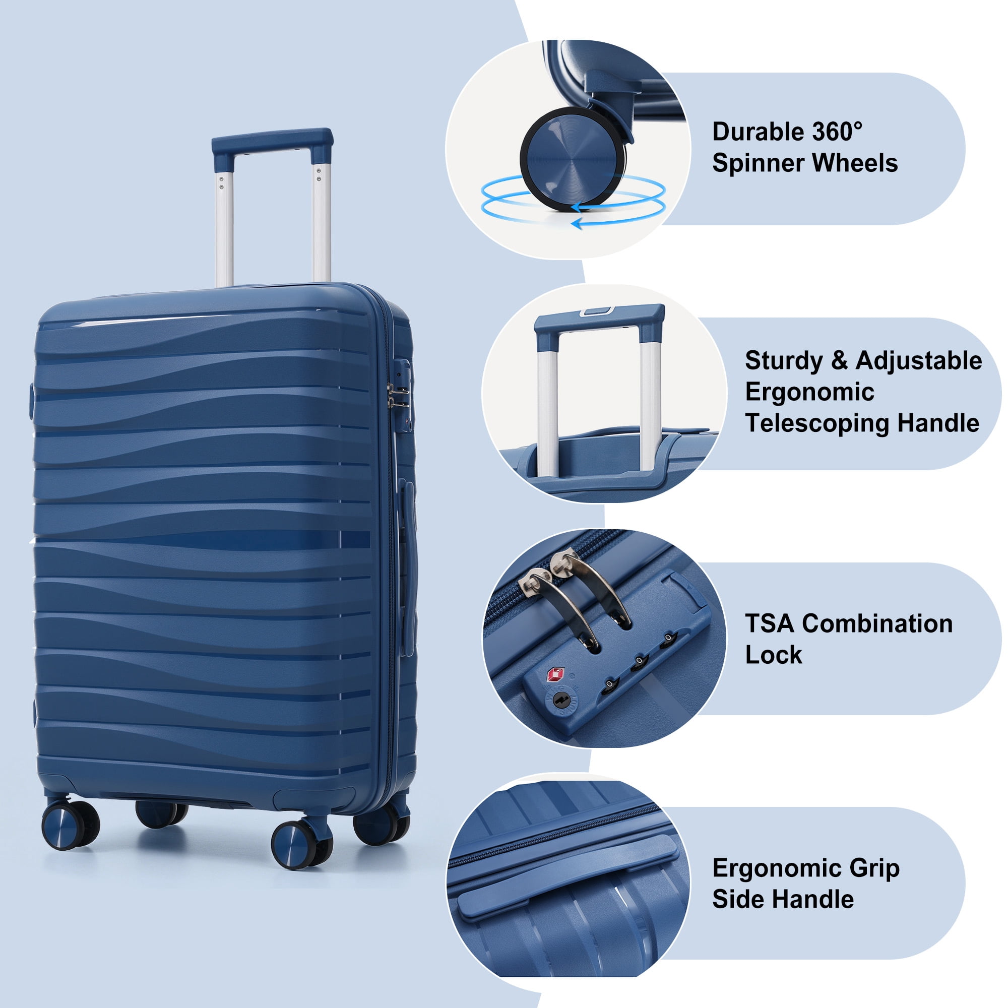 RIGO 3 Piece Luggage Set, PP Hard Shell Suitcase with TSA Lock, 20 24 28 Inch Lightweight Spinner Luggage with 360° Wheels, Blue Unisex Travel Suitcase