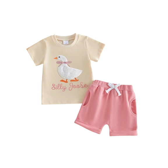 BemeyourBBs Toddler Baby Girl Summer Clothes Newborn Baby Girls Silly Goose Outfit 0 6 12 18 24 Months 2 3 Years Letter Goose Embroidered Short Sleeve T Shirt Tops and Pockets Shorts 2 Pcs Set