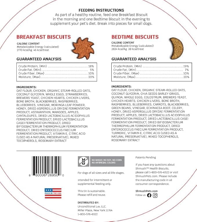Shmush! Breakfast & Bedtime Biscuits for Dogs, Pet Wellness Treats, 100% Natural Non-GMO, Made in USA