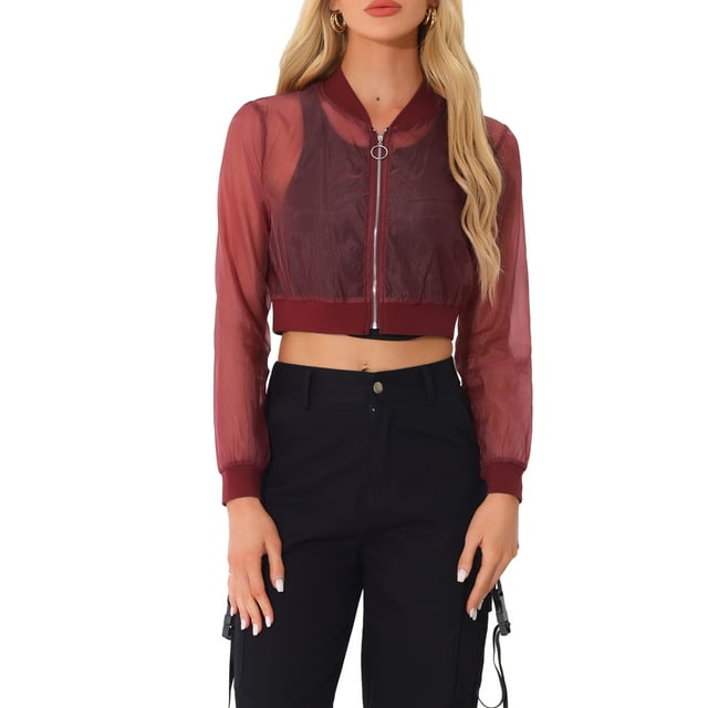 Chaqueta Bomber Crop INSPIRE CHIC para mujer, ligera de malla transparente, de manga larga, color burdeos