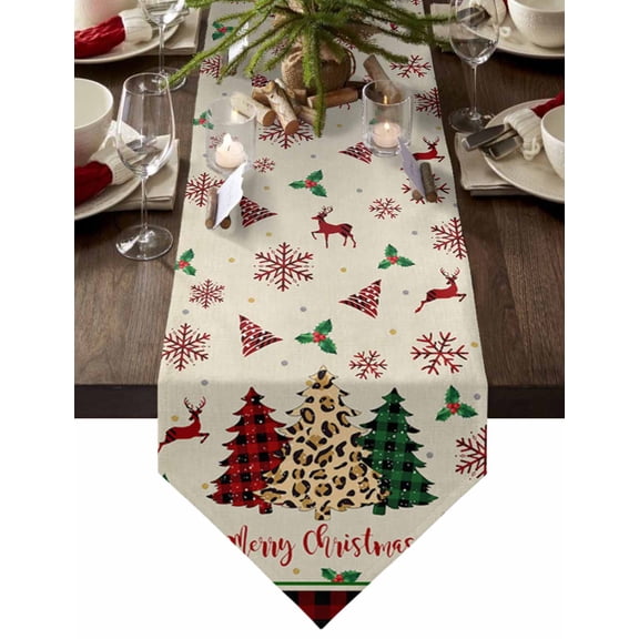 Table Runner Dresser Scarves Christmas Tree Snowflake Reindeer Cotton Linen Burlap Table Cover Vintage Linen Buffalo Checker Leopard Table Runners for Kitchen Dining Holiday Party Banquet Decor