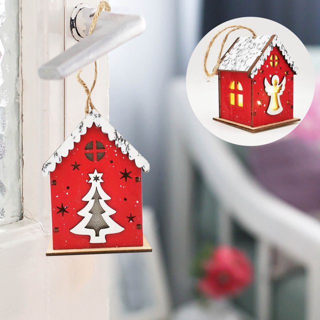 Hot6sl Ofertas y Liquidaciones Madera para Navidad, Casa Pequeña de Madera Brillante, Cabaña de Troncos Colgante, Árbol de Navidad, Decoración de Ventana