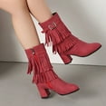 thumbnail image 3 of Tassel Mid Calf Dress Boots for Women 2025 Buckle Fringed Boho Side Zipper Chunky High Heel Short Boots, 3 of 6