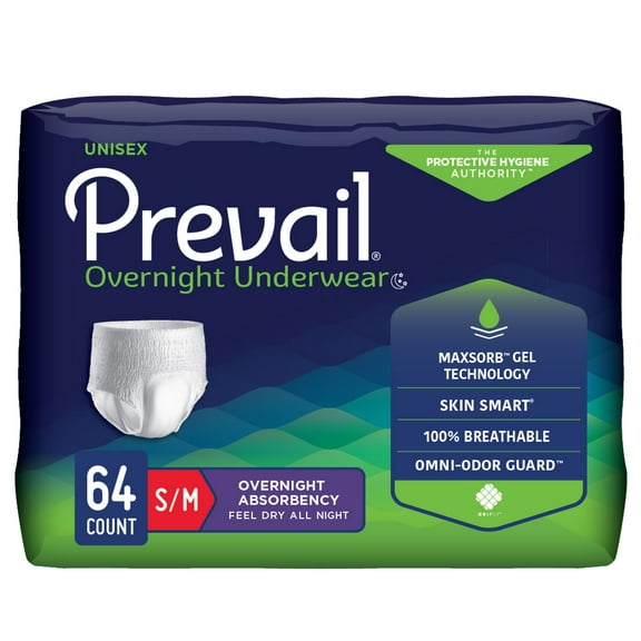 Prevail Overnight Incontinence Underwear for Men & Women, Maximum Absorbency, Small/Medium (64 Count)