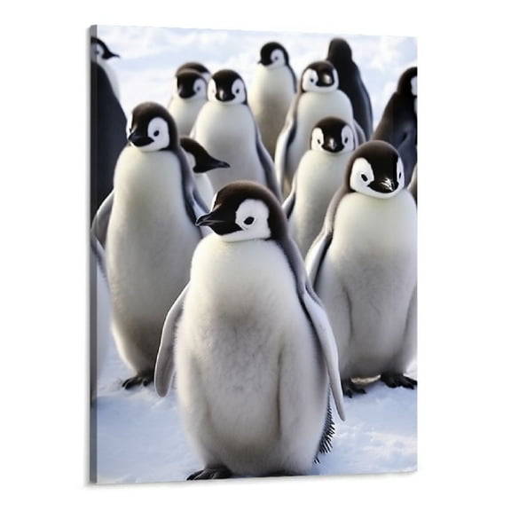 PRATYUS Wall Art Antarctic Cute Penguin Painting on Canvas Wall Decorations for Bedroom Bathroom, Stretched and Framed Artwork, Kitchen Canvas Picture Paintings Animal Gray and White Art 16x20 Inch
