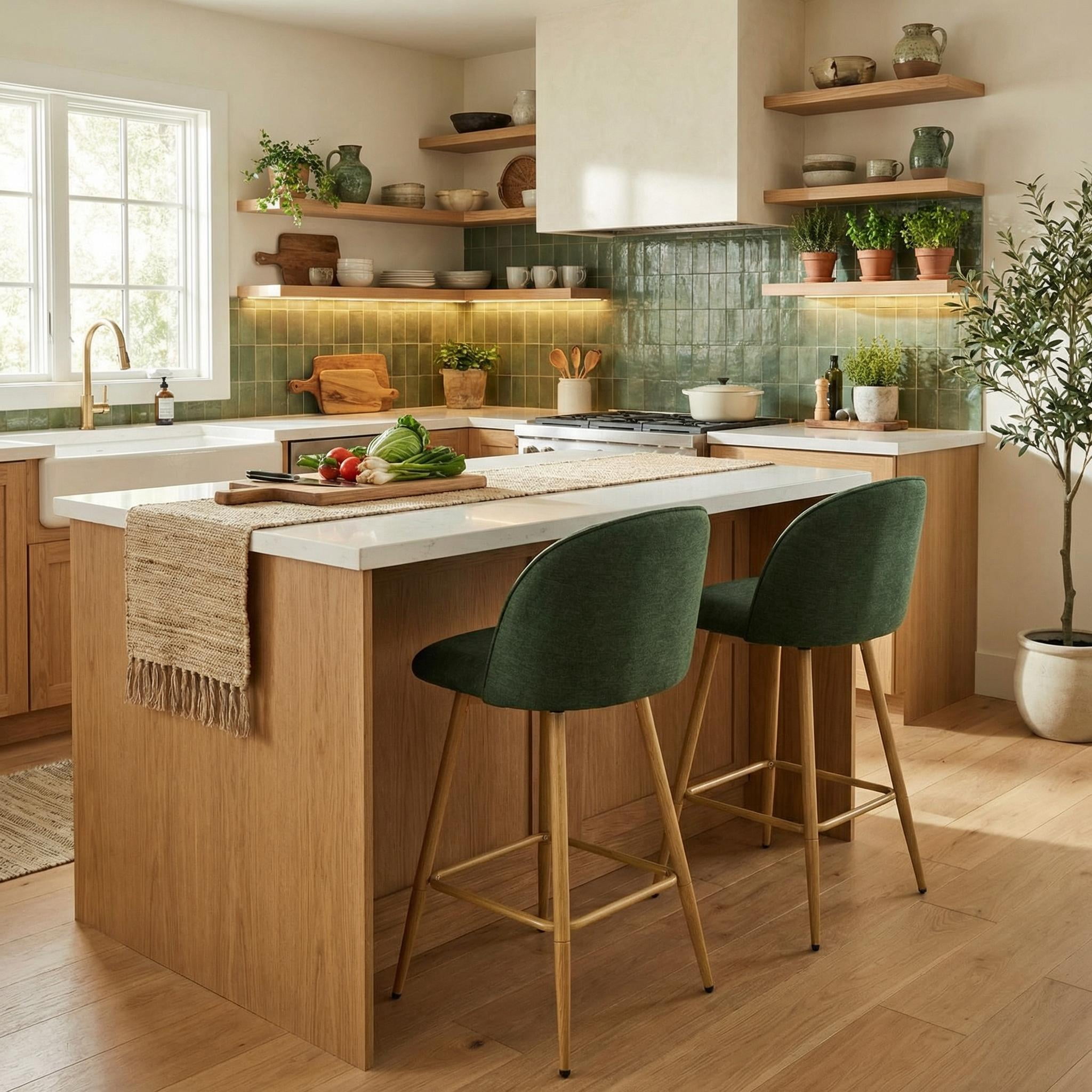 Homy Casa 26" Swivel Counter Height Bar Stools, Set of 2, Kitchen Island Chairs, Forest Green