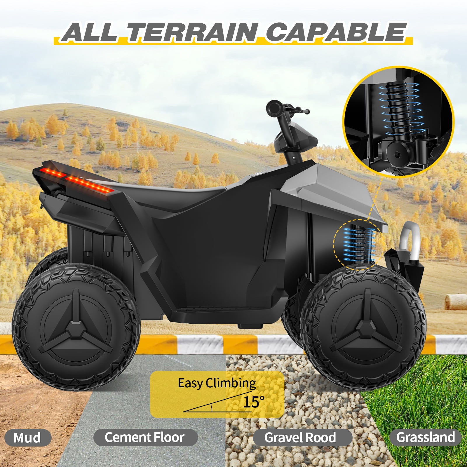 HHVEL 24V Kids ATV 4 Wheeler, Ride on Toy Car for Big Kids with 2 Seater, LED Headlights, Bluetooth, Music 4.5mph Max Speed Ride on ATV for 3-8 Boys & Girls，Gray